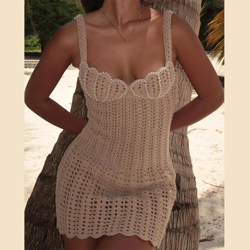 Pearl Beaded Hollow Knitted Mini Dress
