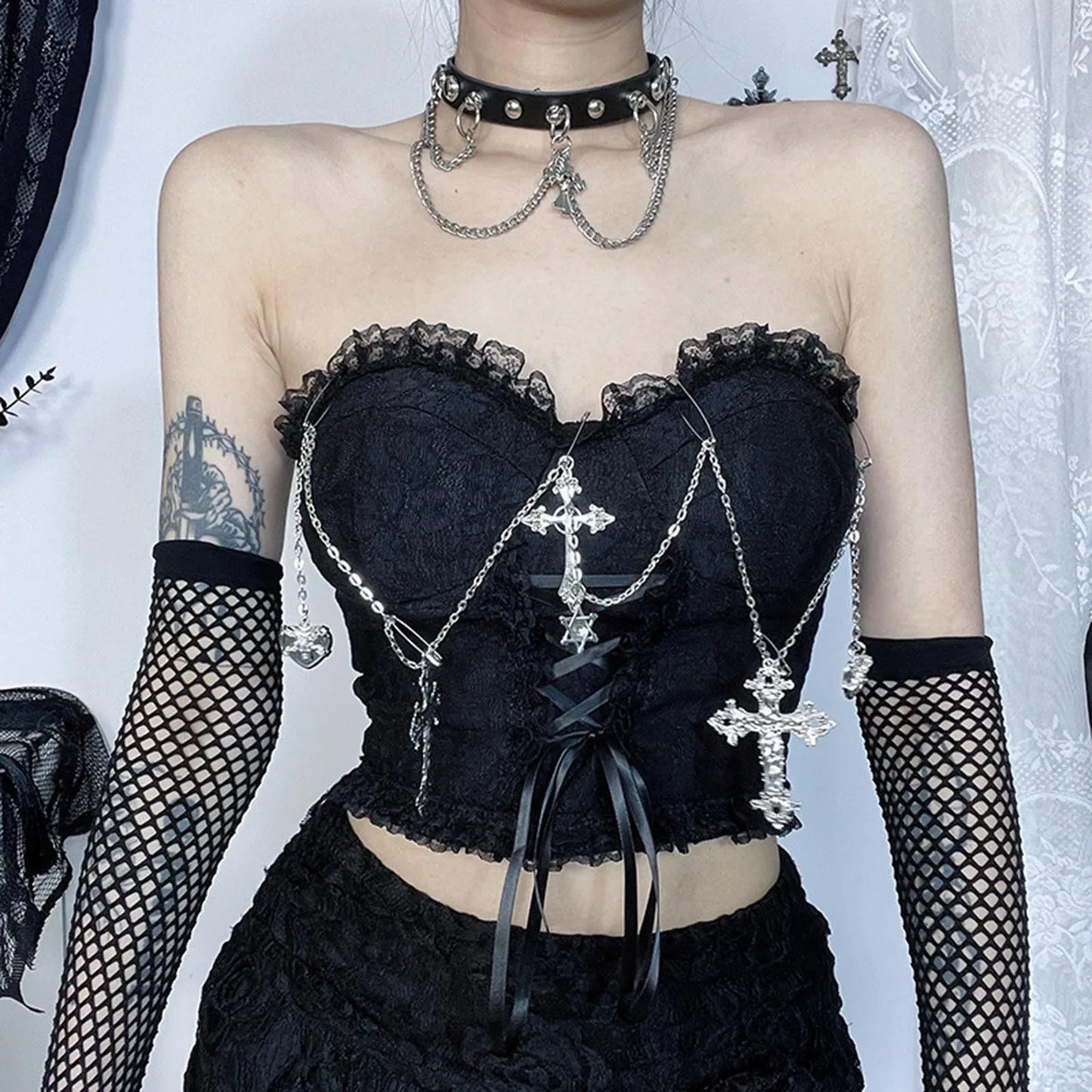 Gothic Cross Chain Lace Strapless