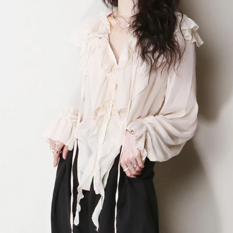 Chiffon Ruffle Bow Tie Lantern Sleeve Blouse