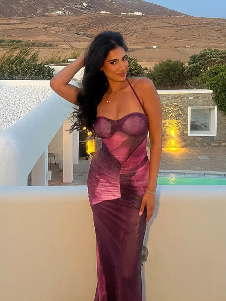 Strapless Pleated High Slit Floral Dress