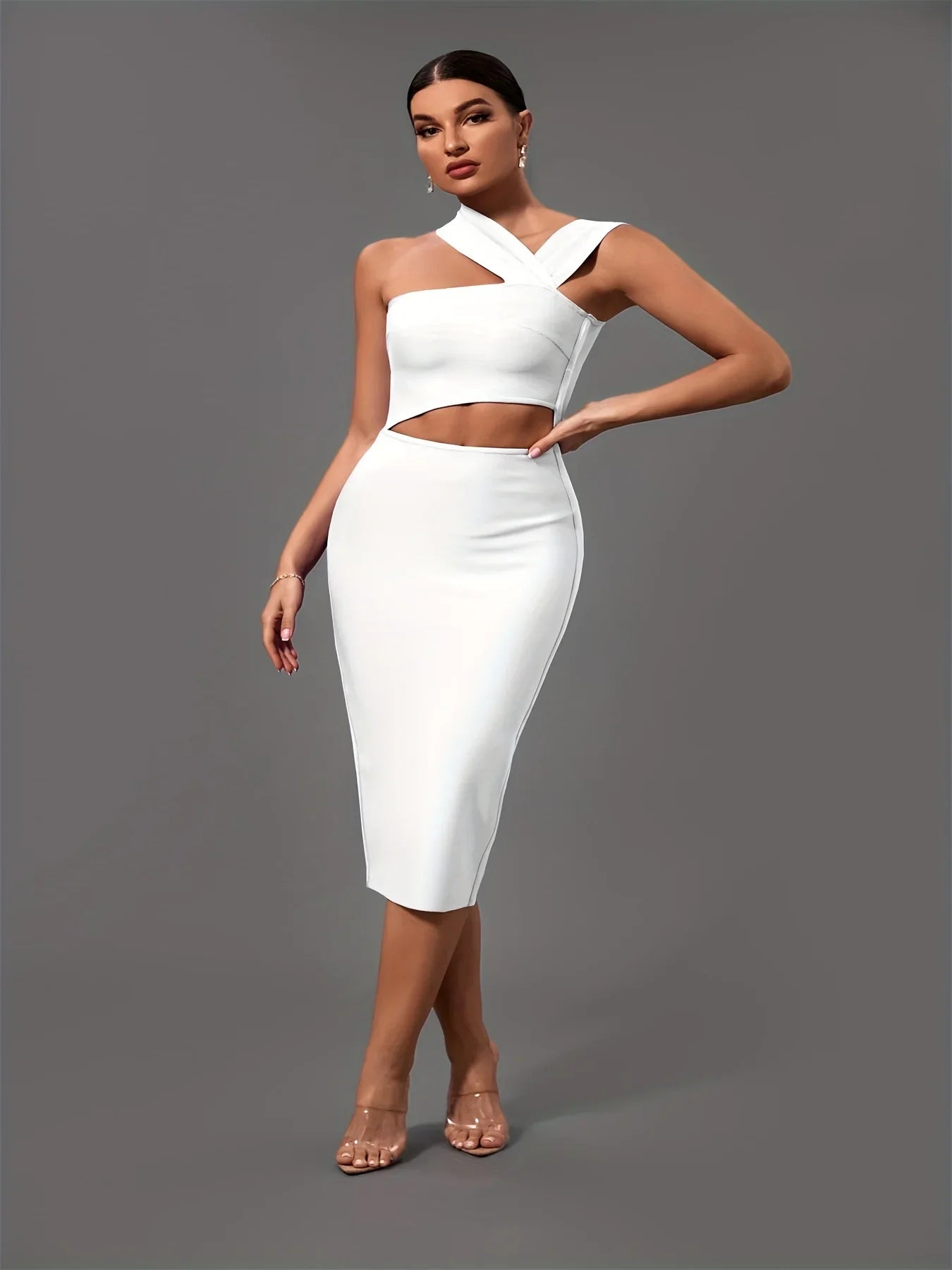 White Bandage Halter Cut Out Party Work Dress
