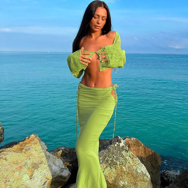 Green See Through Lace Cut Out Cropped Maxi Two Piece Skirt Set
