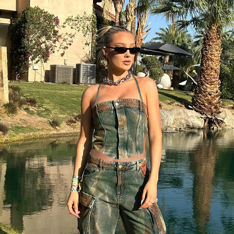 Sexy Denim Button Backless Off Shoulder Cami Top