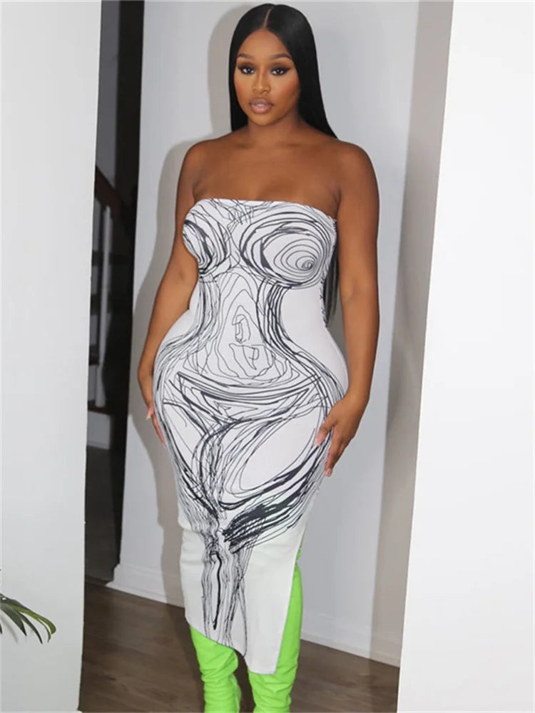 Strapless Panel Print Midi Dress
