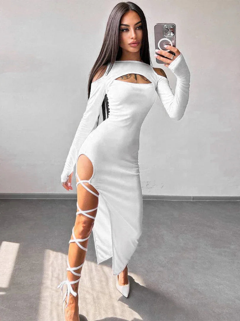 Hollow Lace Up Slit Sleeve Midi Dress