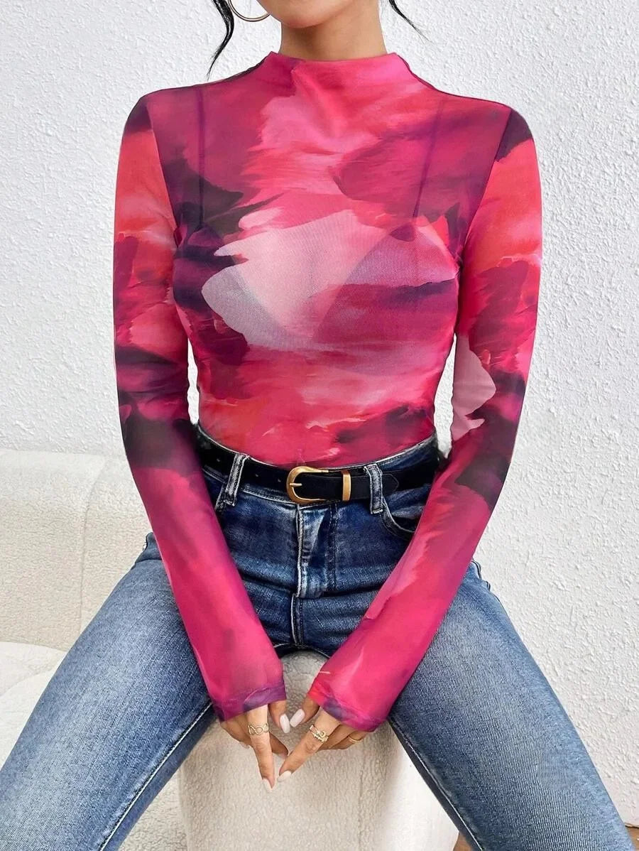 Gradient Patchwork Slim Fit Sheer Top