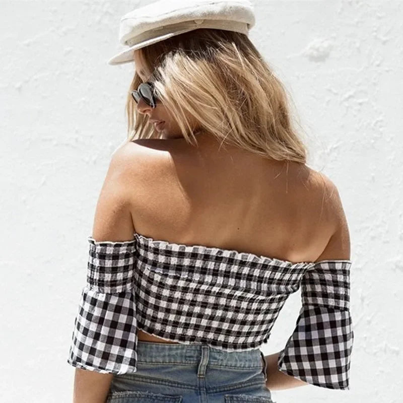 Plaid Print Bare Midriff Strapless