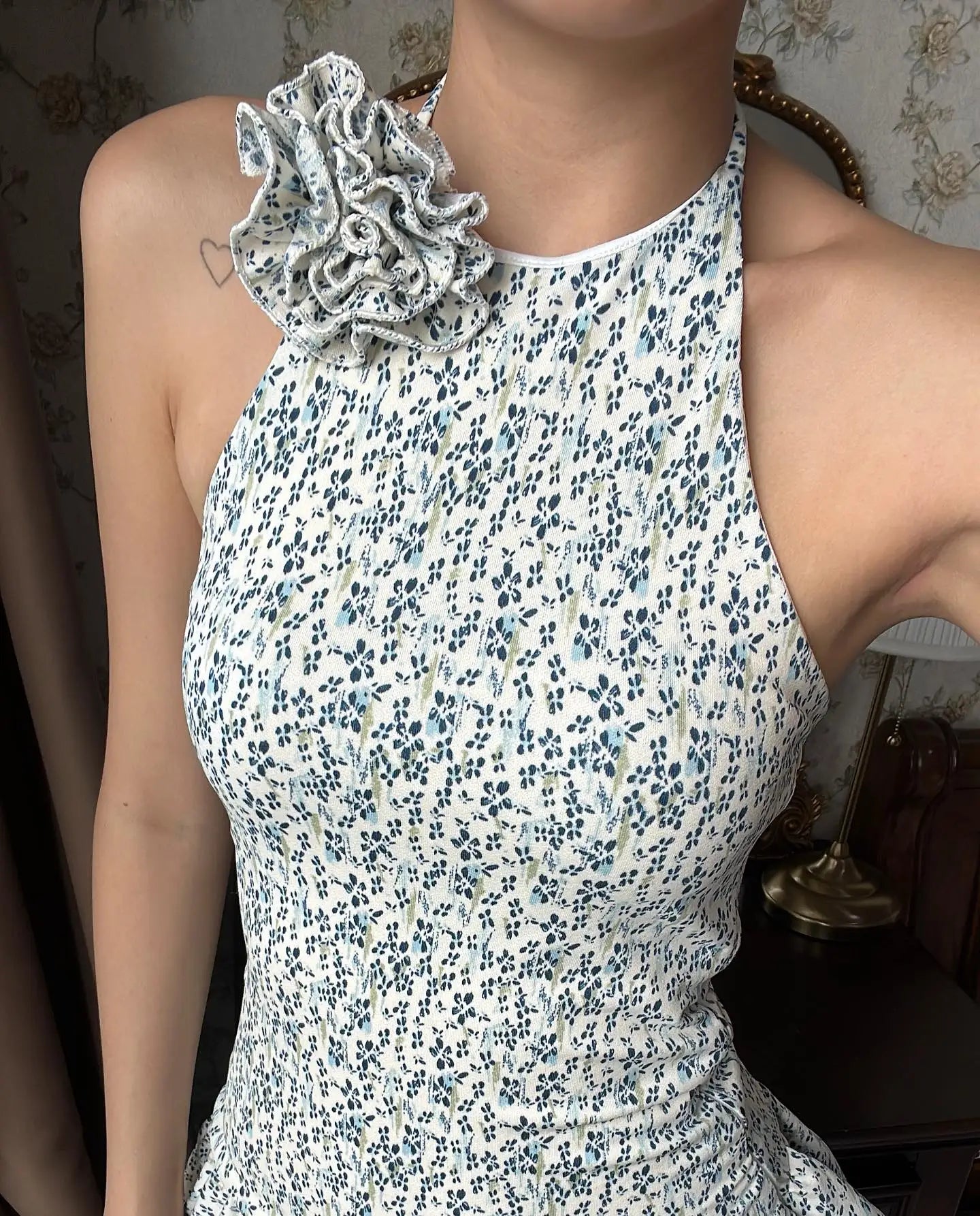 Pleated Decal Print Backless Mini Dress