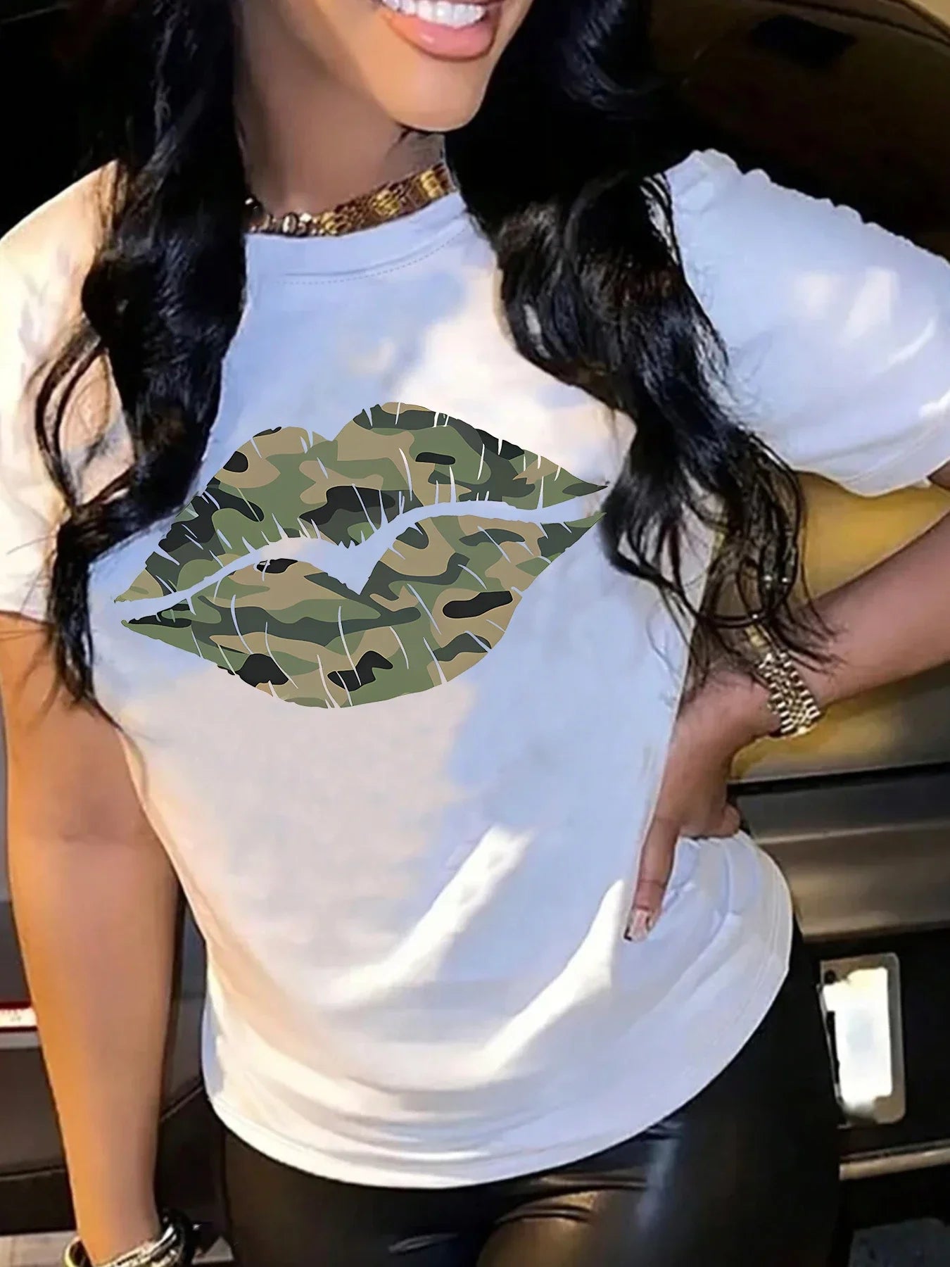 Lips Pattern Casual Green T-shirt