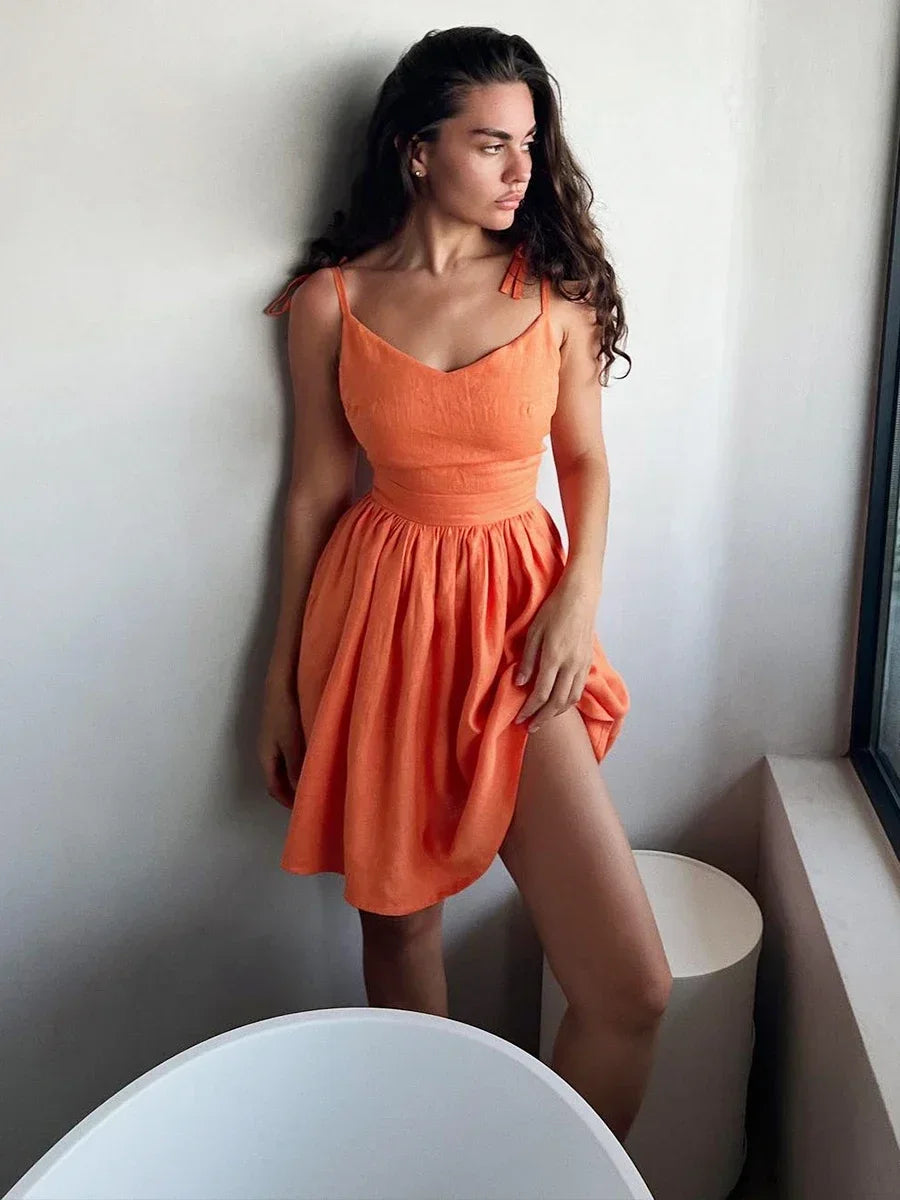 V Neck Spaghetti Strap Cotton Mini Dress