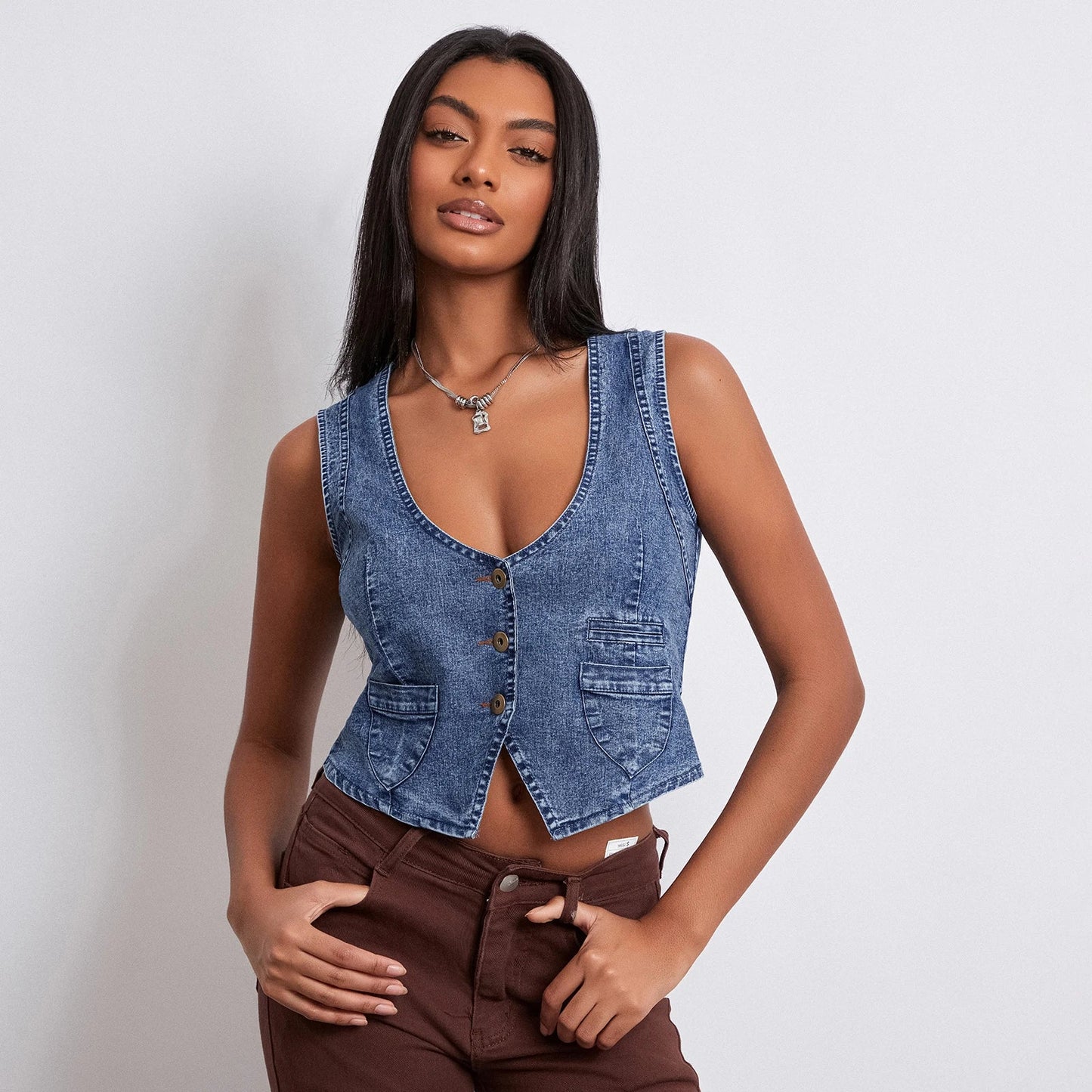 Y2K Vintage Denim V-Neck Button Down Irregular Cami Top