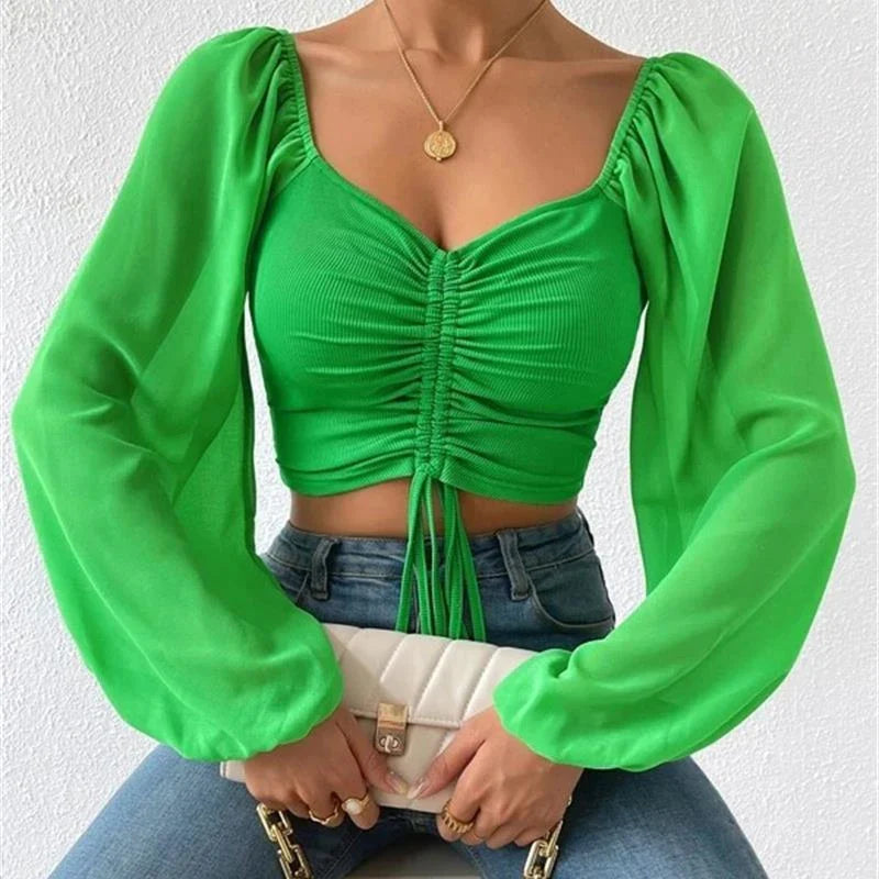 V-Neck Drawstring Bandage Sheer Top