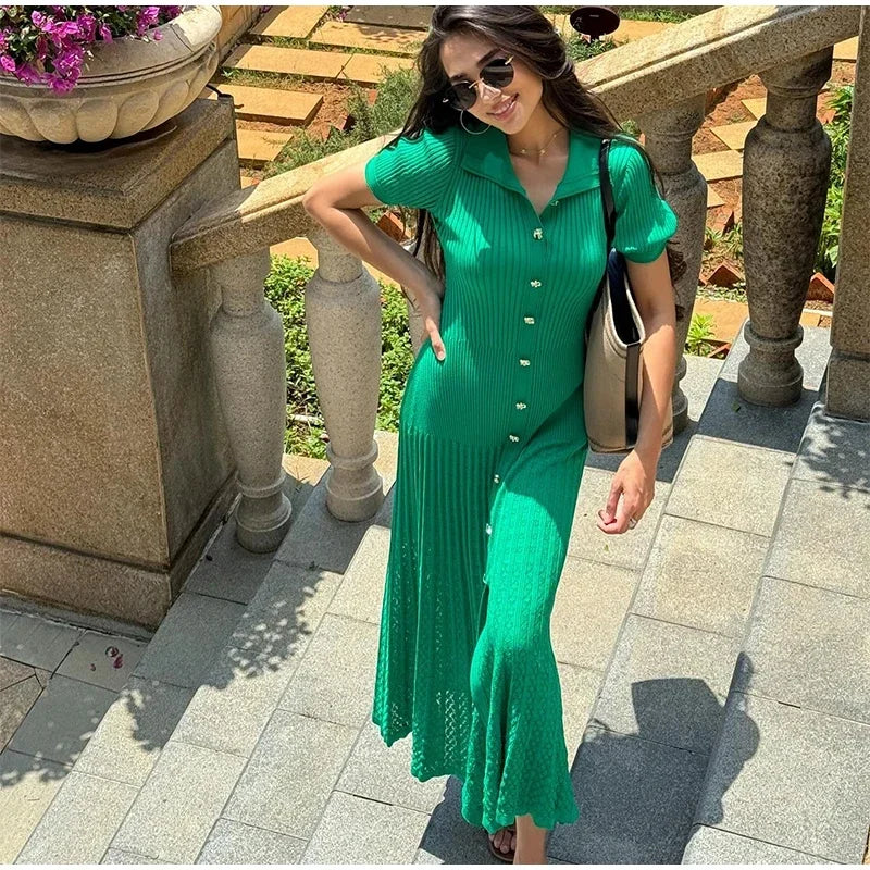 Patchwork Knitted Hollow O-Neck Ribbed Work Dress