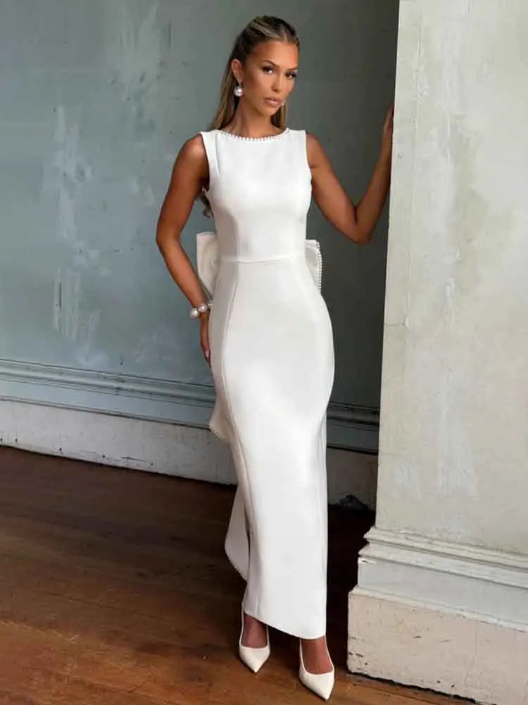 Pearl Backless Bow Prom Dress