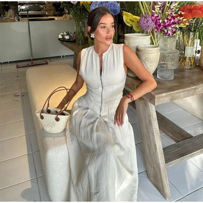 Sleeveless Spliced Zipper V-Neck Pleated Work Dress