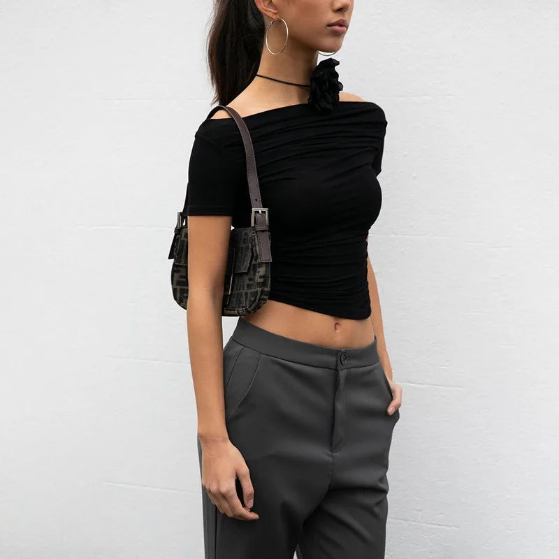 Slash Neck Folds Bodycon Crop Top