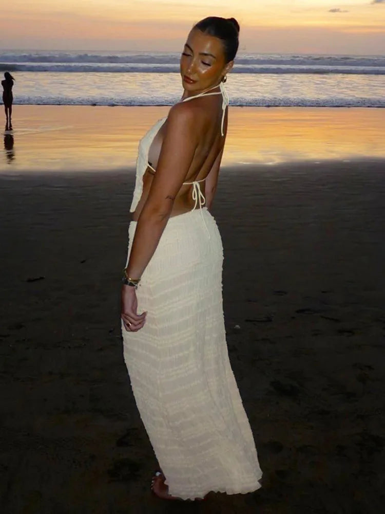 Chiffon Lace Halter Maxi Sexy Long Two Piece Skirt Set