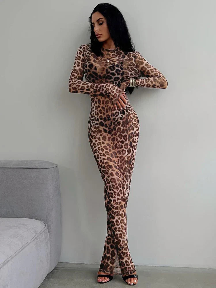 Leopard Print Sleeve Maxi Dress