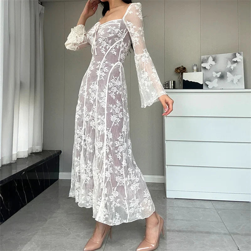 Lace Flared Sleeve A-Line Midi Dress