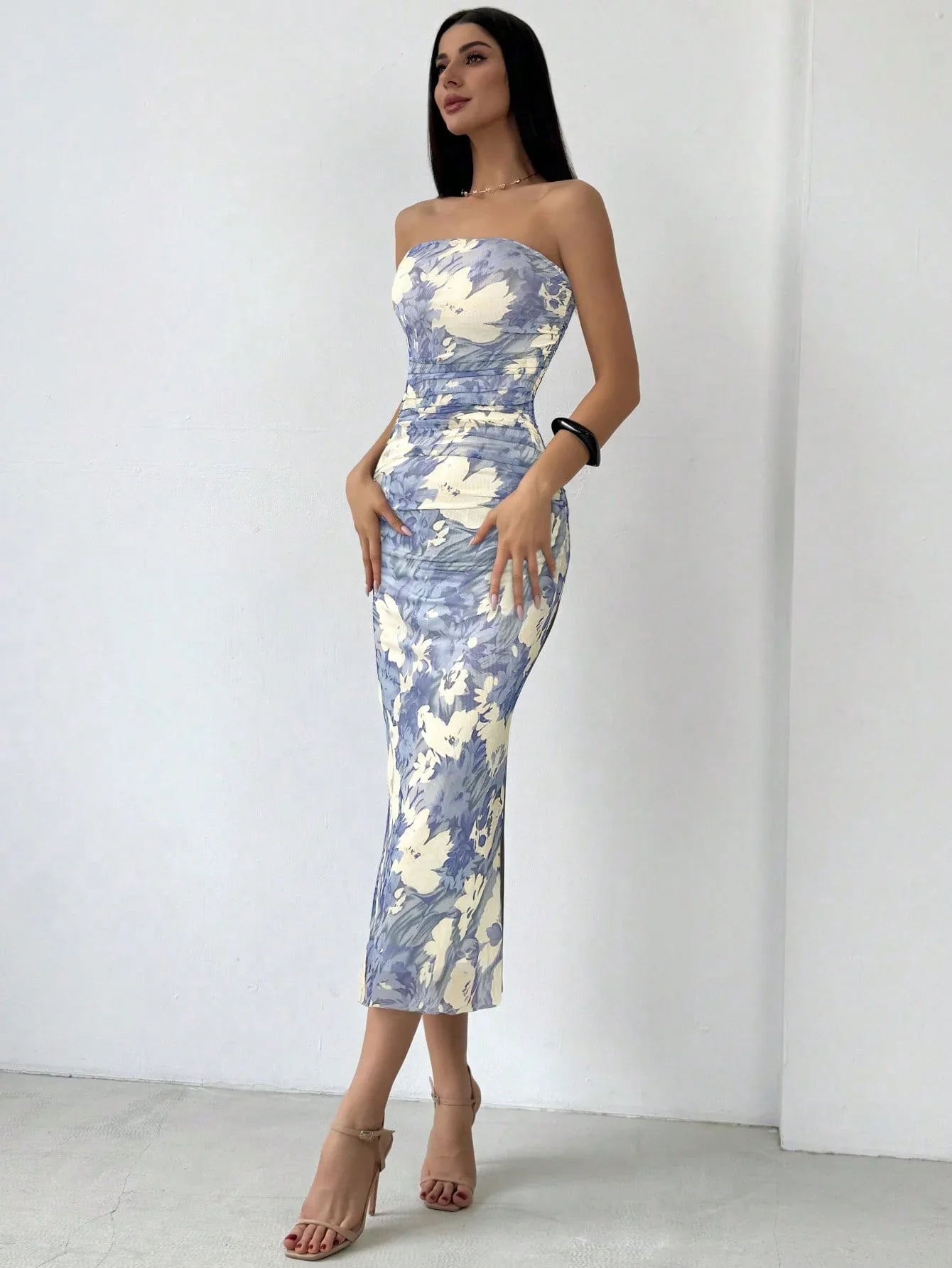 Strapless Hip Wrap Floral Dress