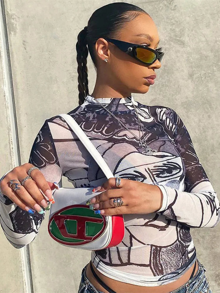 Graphic Print Mesh Long Sleeve Sheer Top