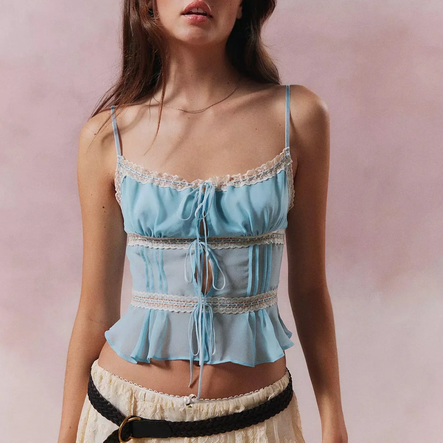 Sheer Mesh Lace Strap V Neck Cami Top