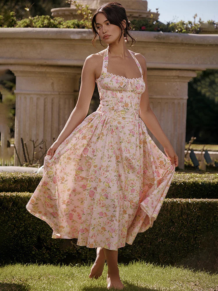 Print Wrap A-line Halter Midi Summer Dress