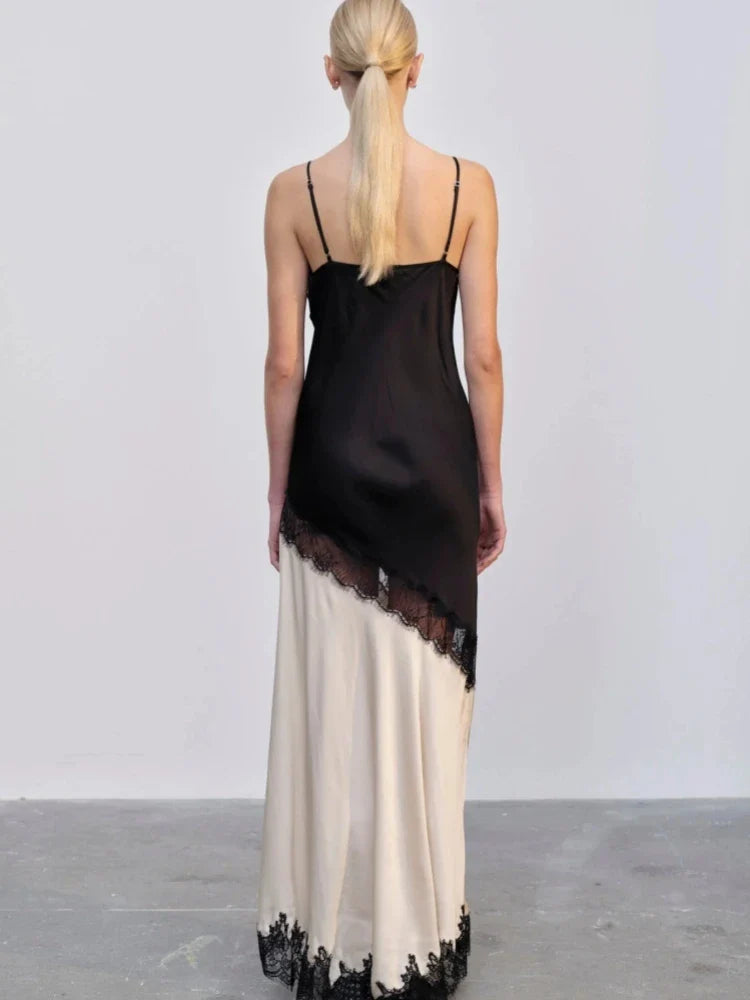 Sling V-Neck Colorblock Backless Long Lace Dress