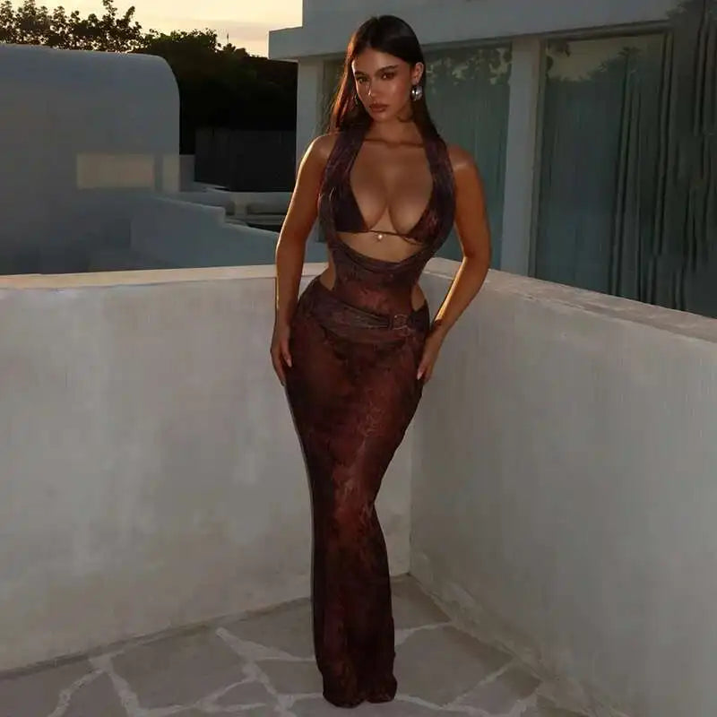 Slim Print Bodycon Maxi Long Summer Dress