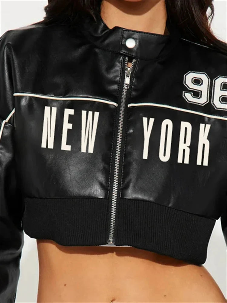 Letter PU Hipster Crop Jacket