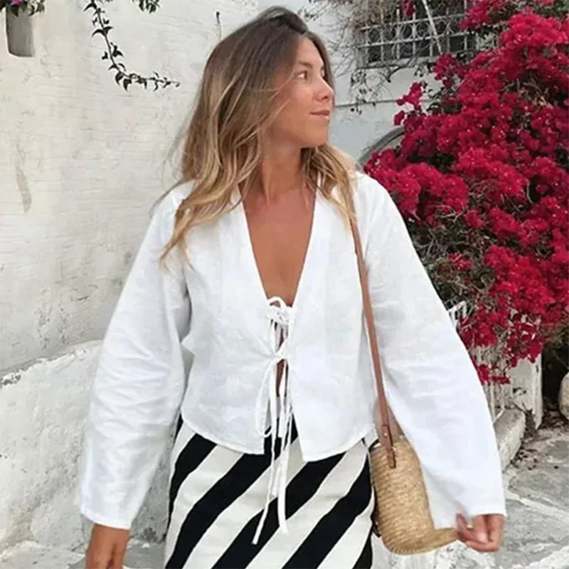 Loose Lace-up Bow V-neck Flare Sleeve Blouse