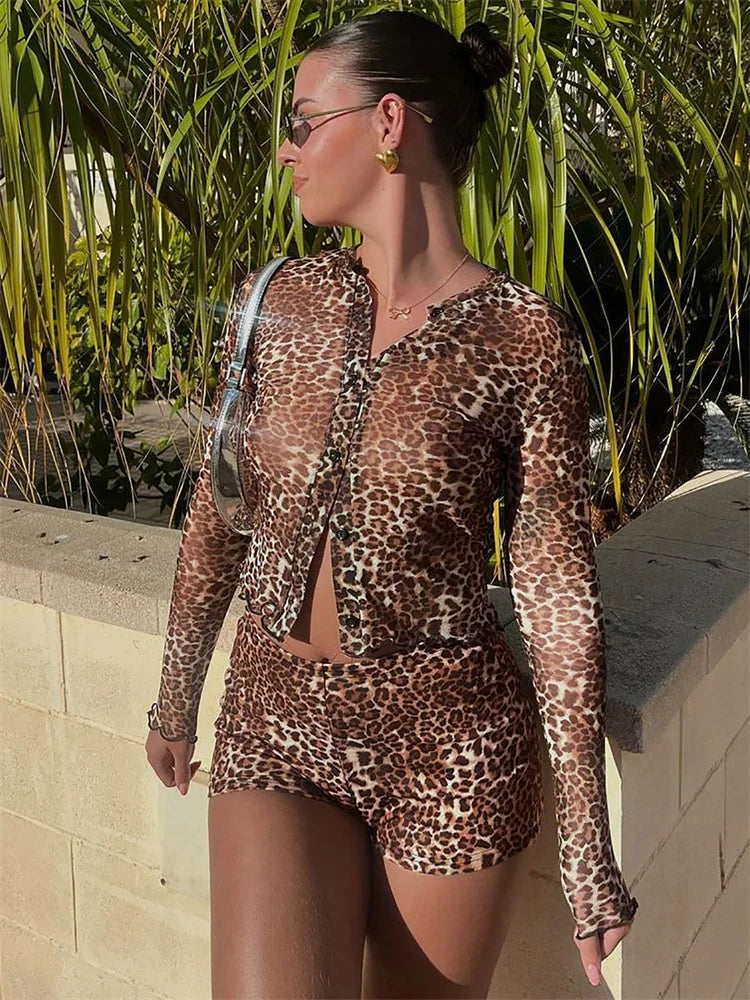 Leopard Print Single Breasted Crop Top Two Piece Shorts Set
