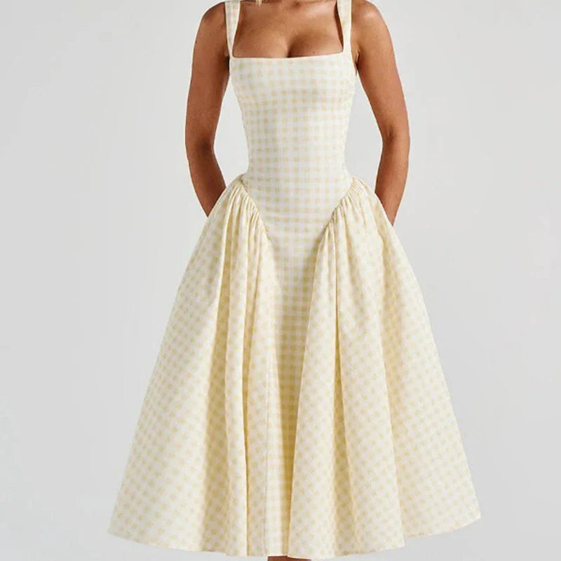 Lace-Up Plaid Sling A-Line Midi Dress