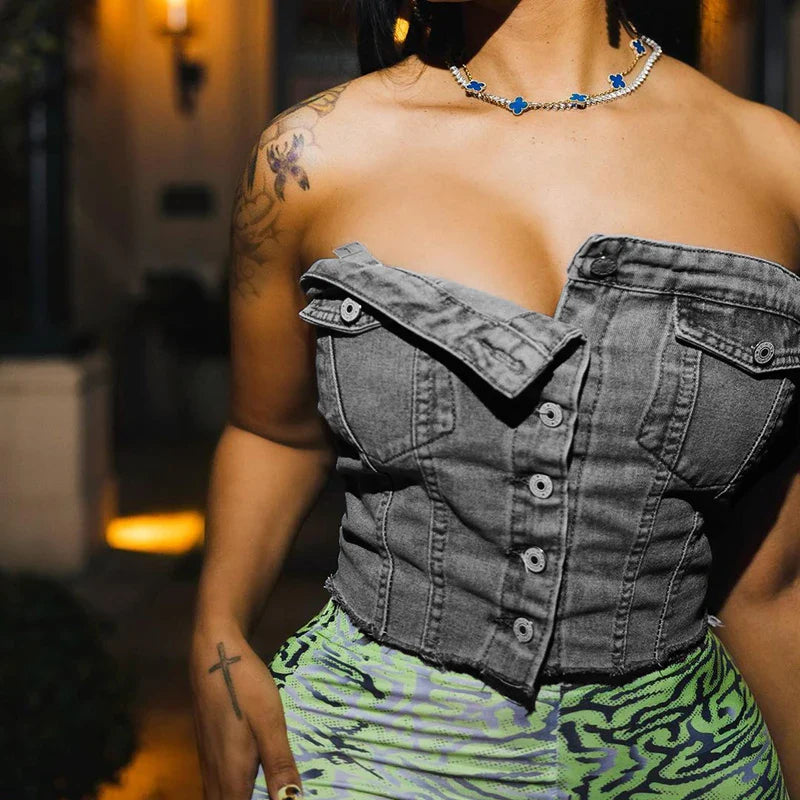 Pocket Button Denim Vest Strapless