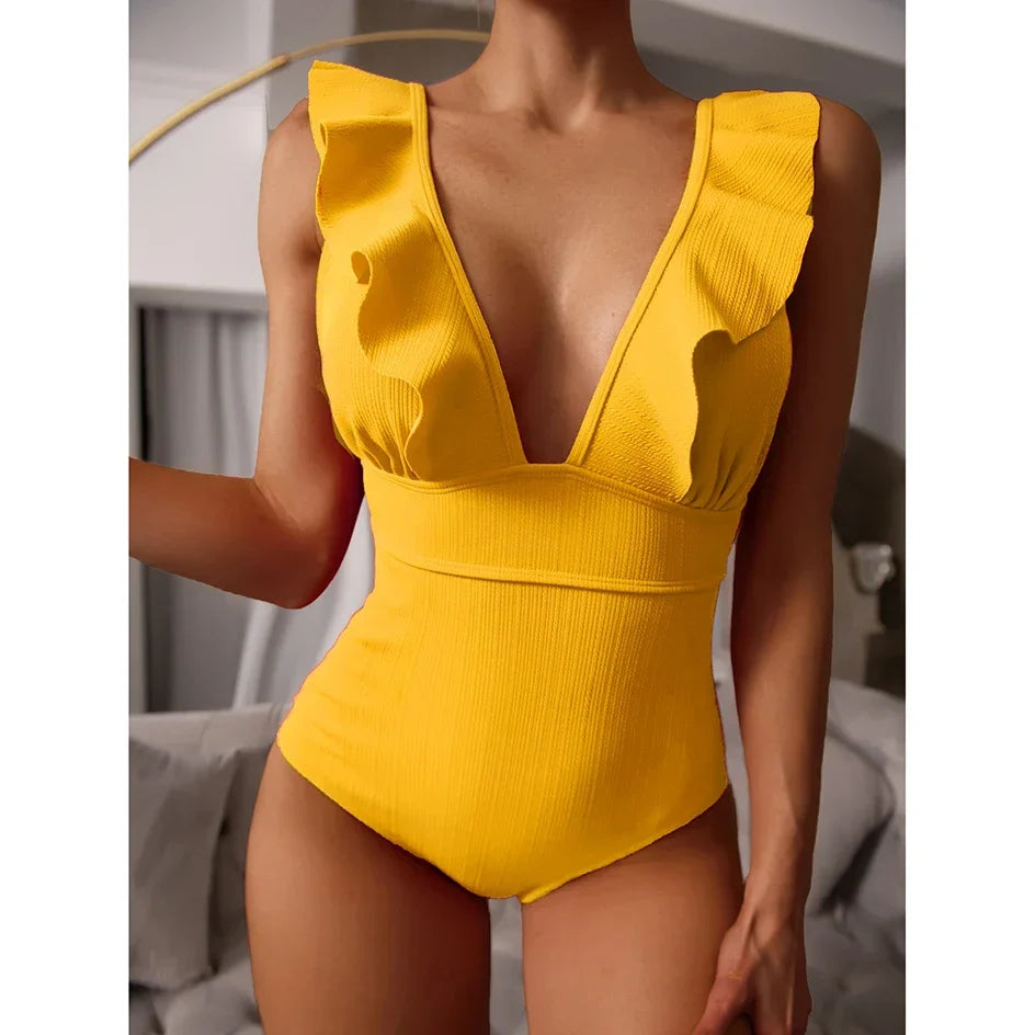 Ruffle Deep V Bodysuit One Piece Swimwear