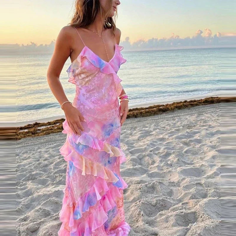 V Neck Ruffled Slim Suspender Floral Dress