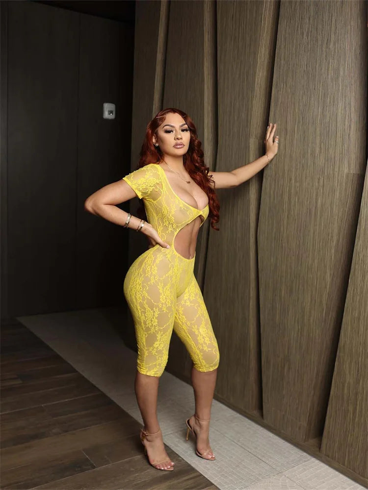 Lace See Through Black Bodycon Romper