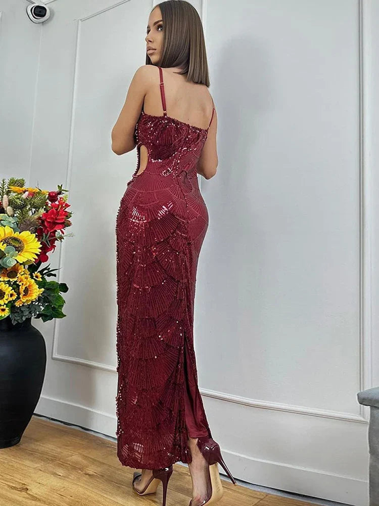 Sequins Beaded Cut-Out Midi Dress