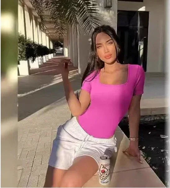 Ribbed Square Neck Sexy Thong Bodysuit Crop Top