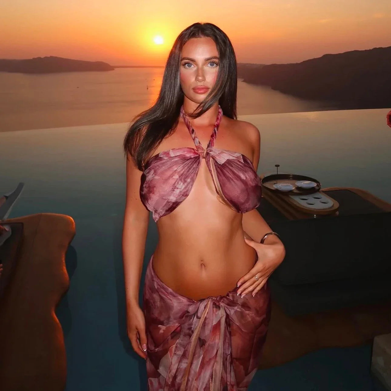 Purple Printed Halter Push Up Sexy Three Piece Swim Sets