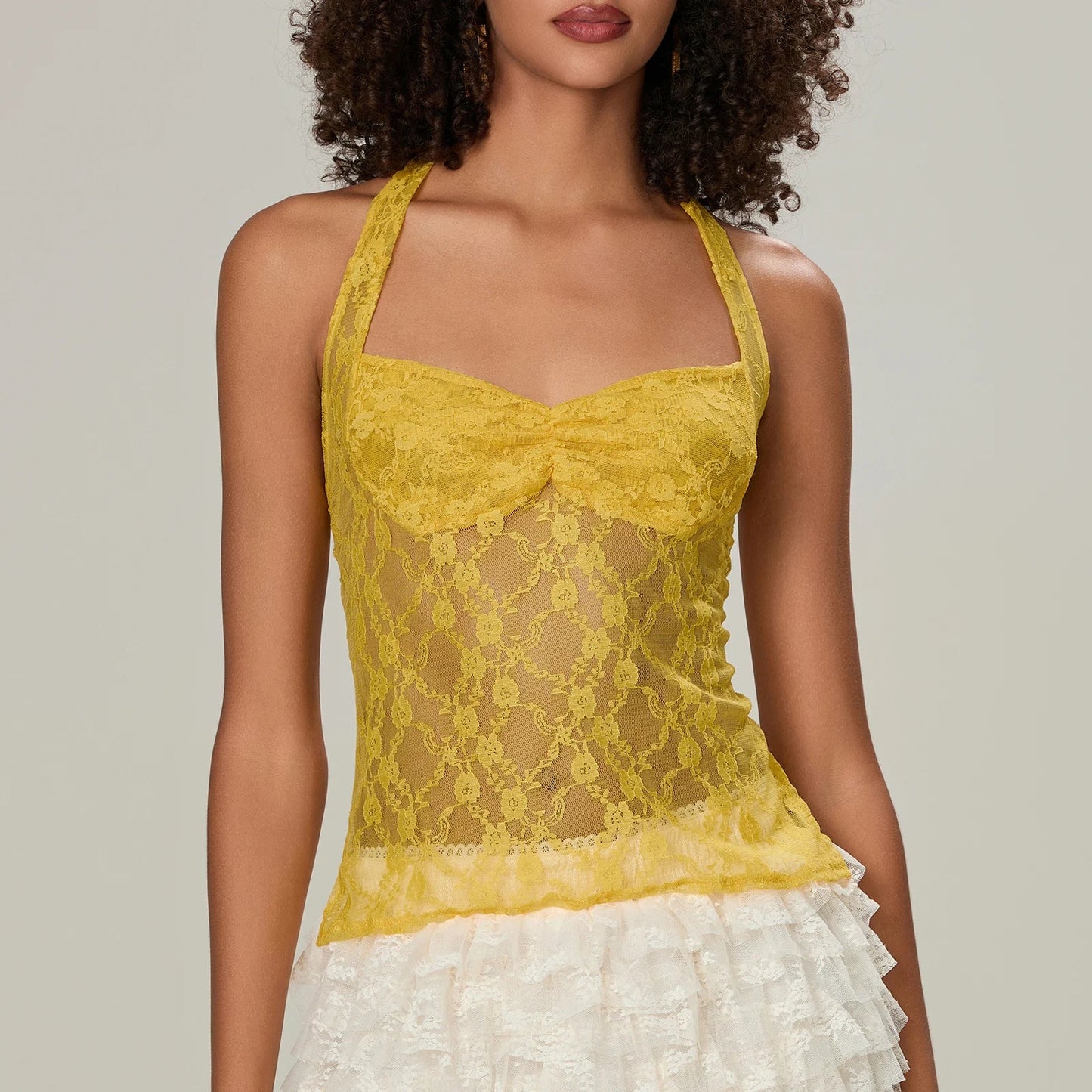 Y2K Lace Halter Tie-Up See-Through Cami Top