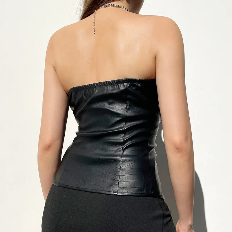 Lychee Pattern Leather Exposed Navel Strapless