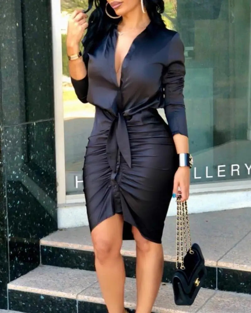 Sexy Deep V Neck Long Sleeve Bodycon Work Dress