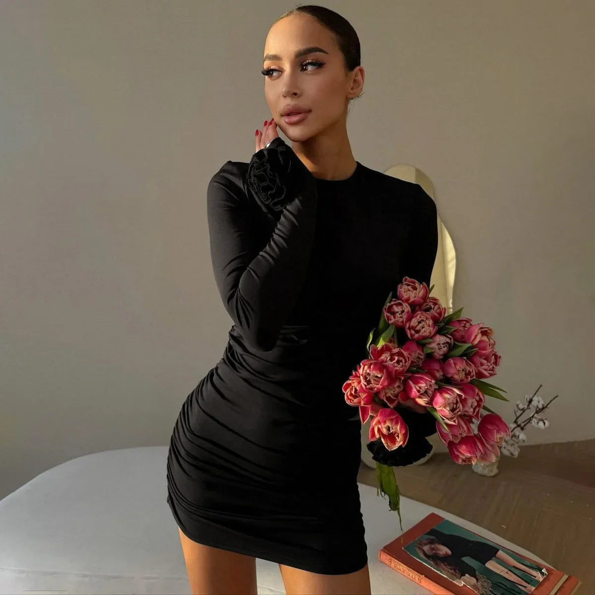 Floral Long Sleeve O-Neck Ruched Bodycon Work Dress