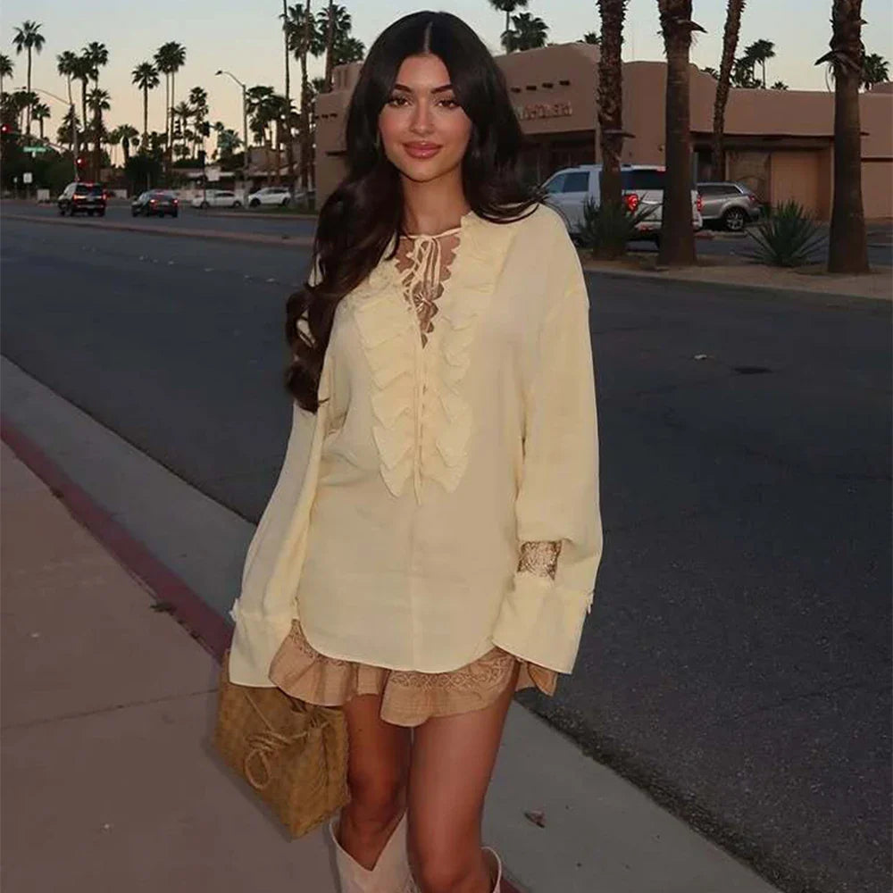 Women's Ruffled Pleated Long Sleeve Blouse