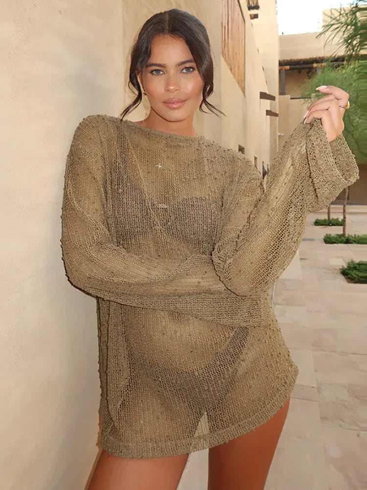 Sexy Hollow Out Long Sleeve Mesh Sheer Top