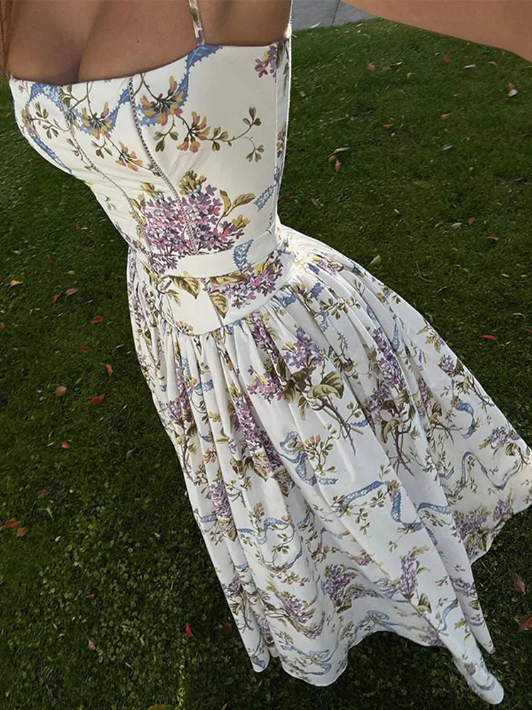 Pleated Sleeveless Backless Floral Dress