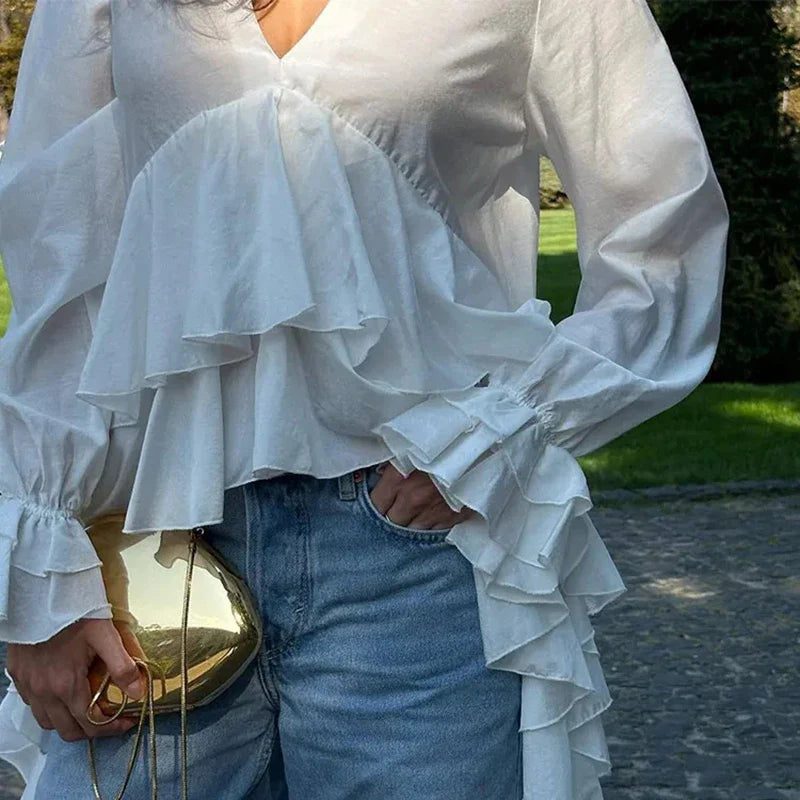 Ruffles V-neck Long Sleeve Casual Blouse