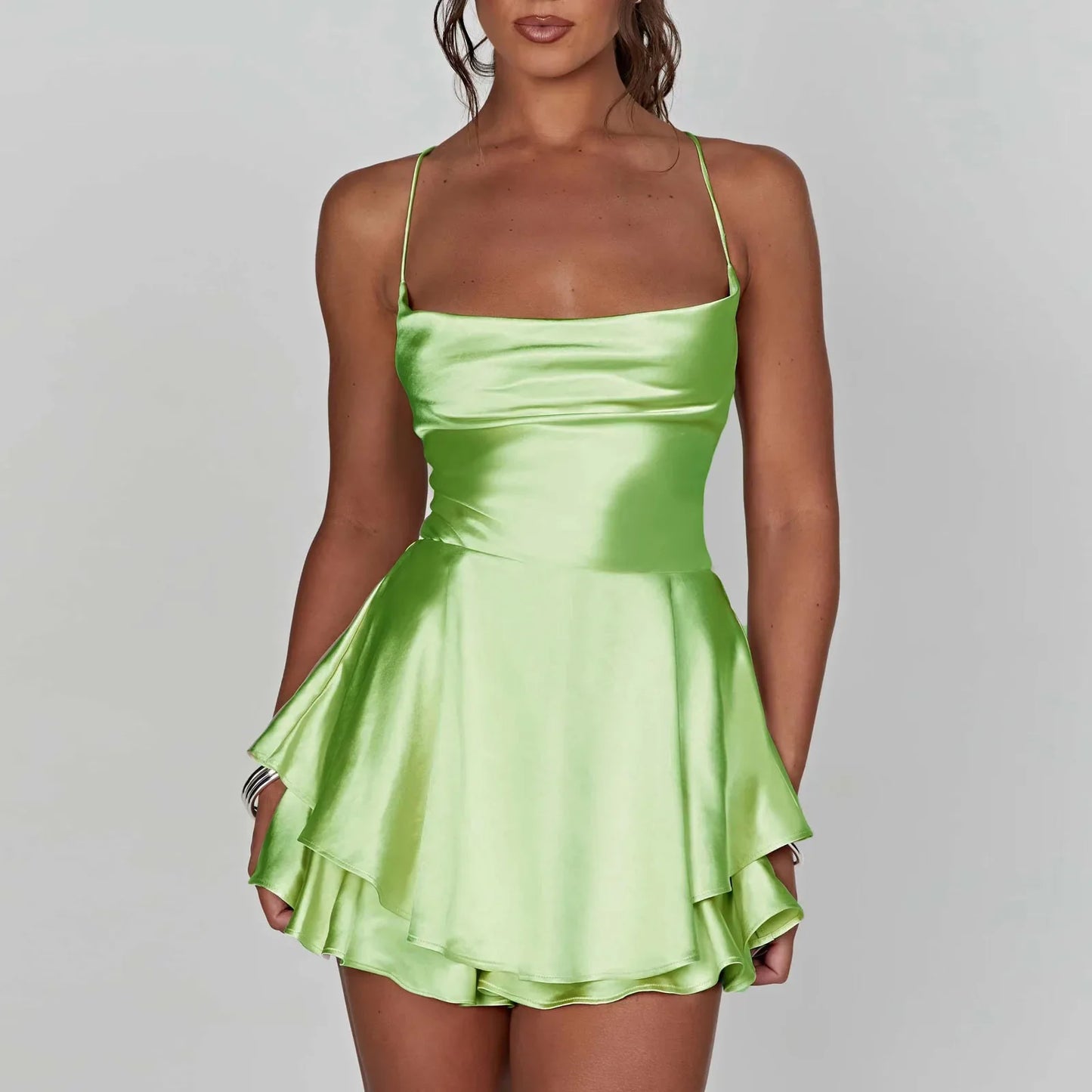 Satin Cowl Neck Tie Back Romper Mini Dress