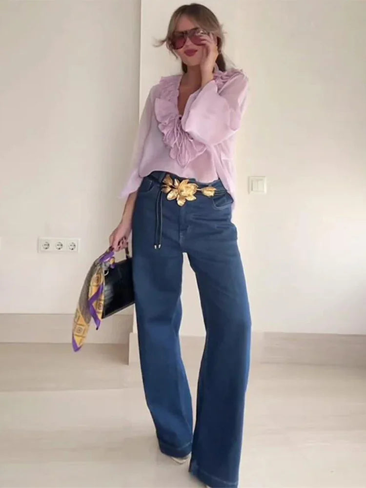 Women Ruffles Lace Up White V-neck Flared Blouse